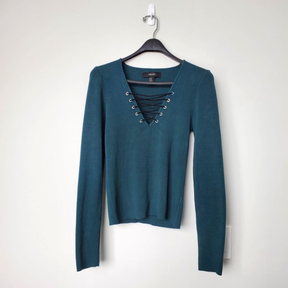 Forever 21 Teal long sleeve, lace up top